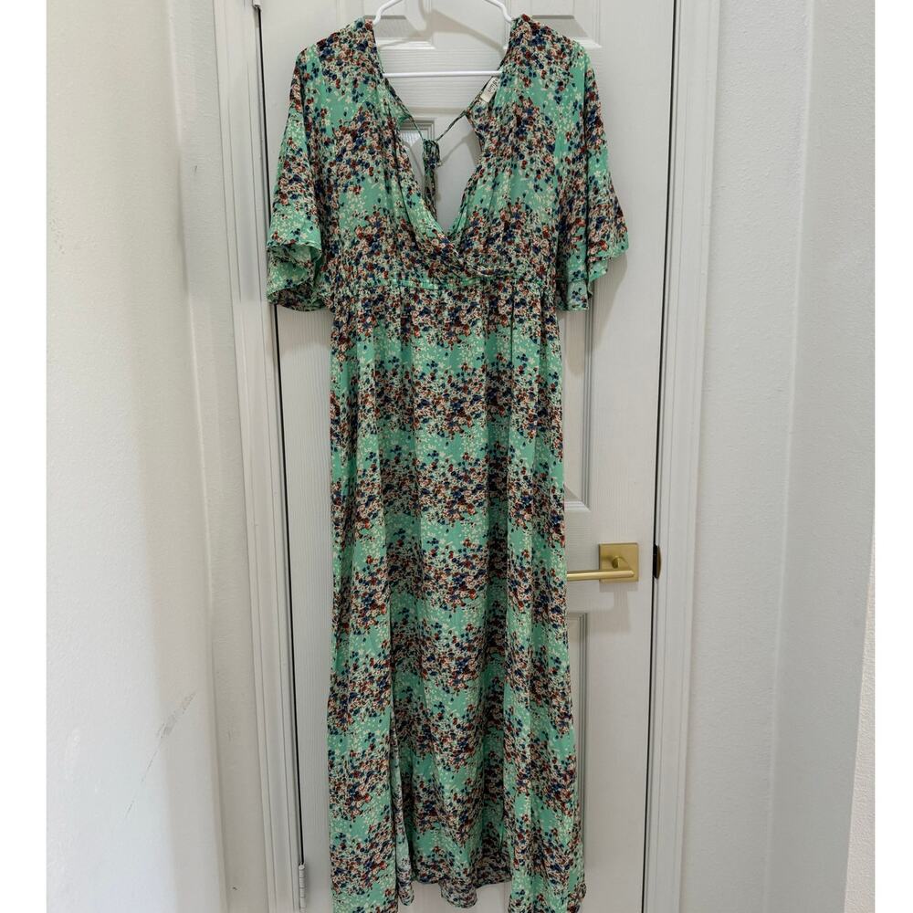 Umgee USA Aqua Floral Back Tie Front Slits Maxi Dress Women's Plus 1XL